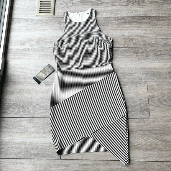 Bebe Short Asymmetrical Striped Stretch  Mini Dress - Picture 4 of 15